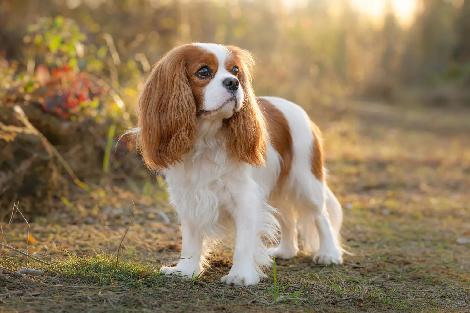 Cavalier King Charles (robe blenheim (blanc et châtain)) adulte en extérieur