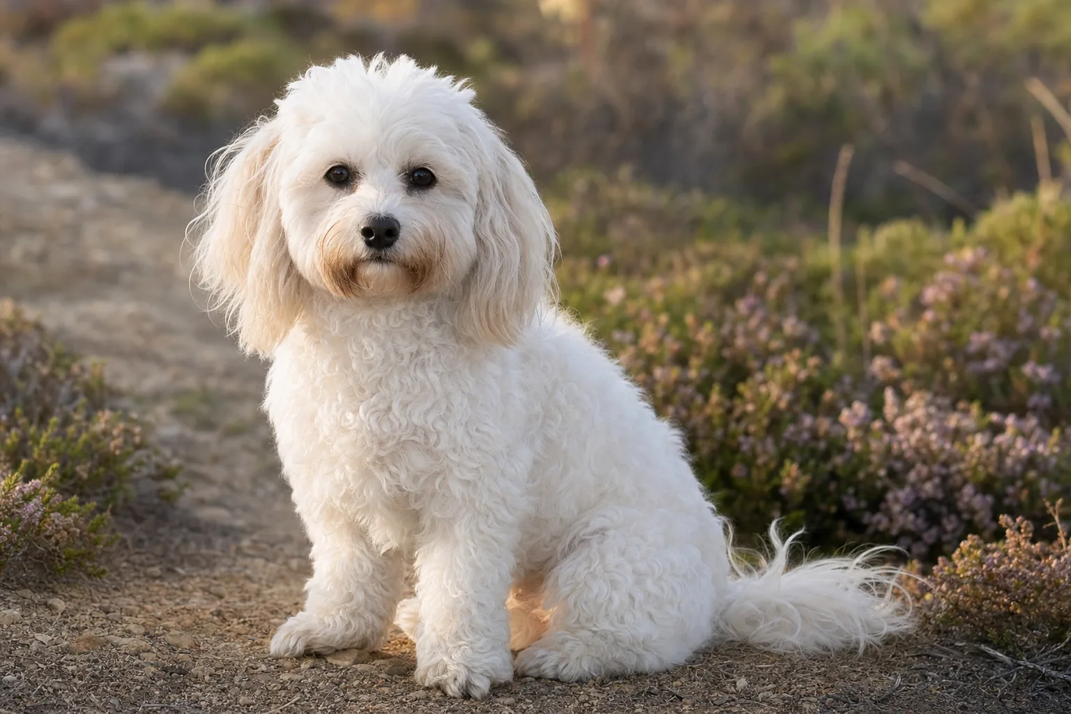 Cavapoochon (robe blanc) adulte en extérieur