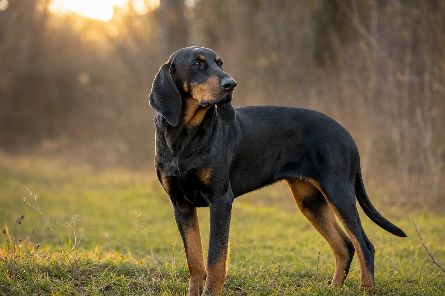 Chien Courant de Transylvanie (robe noir avec marques feu bien définies aux extrémités) adulte en extérieur