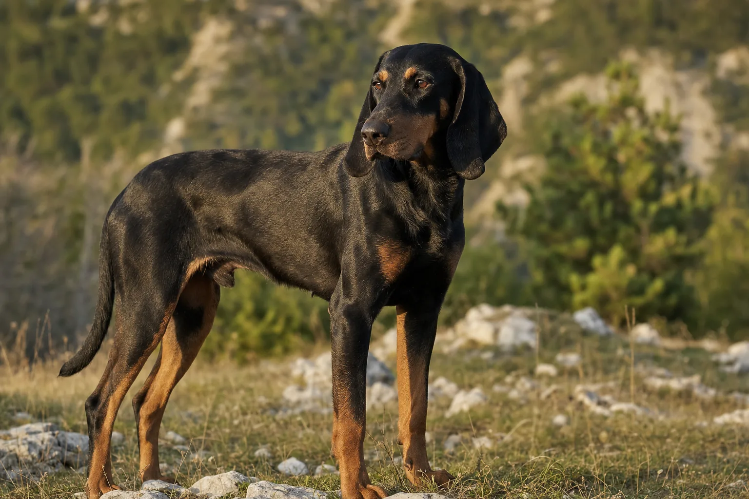 Chien Courant de Montagne du Monténégro (robe noir avec marques feu (charbonné)) adulte en extérieur