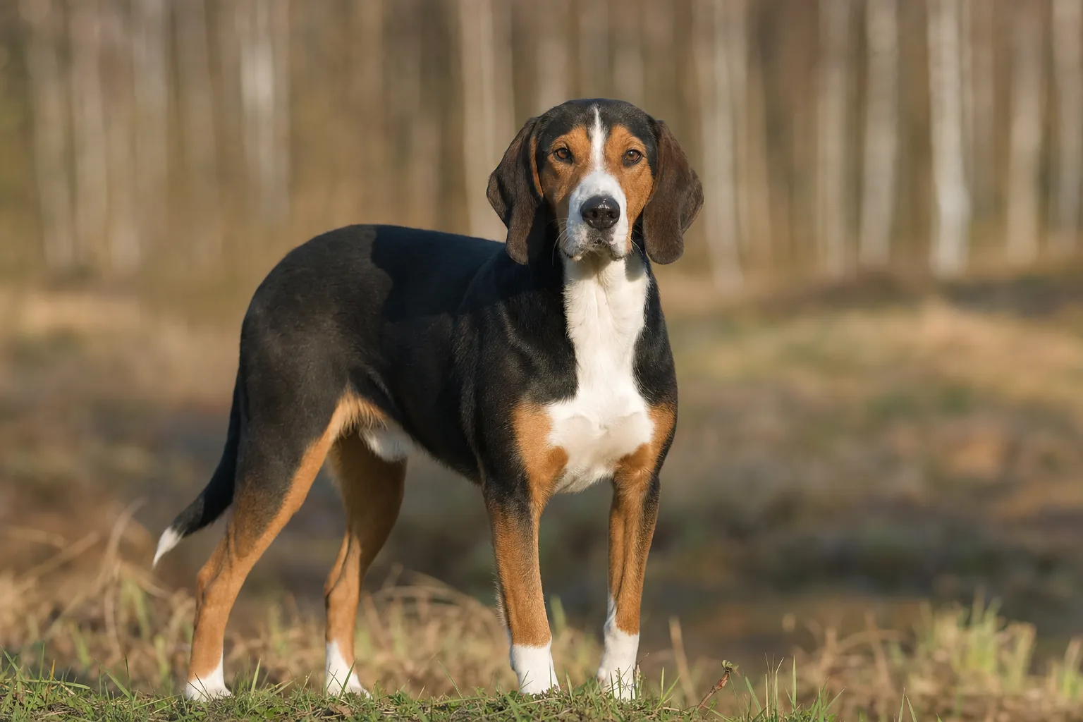 Chien Courant Finlandais (robe tricolore : manteau noir (selle), marques feu (fauve) sur la tête et les membres, marques blanches) adulte en extérieur