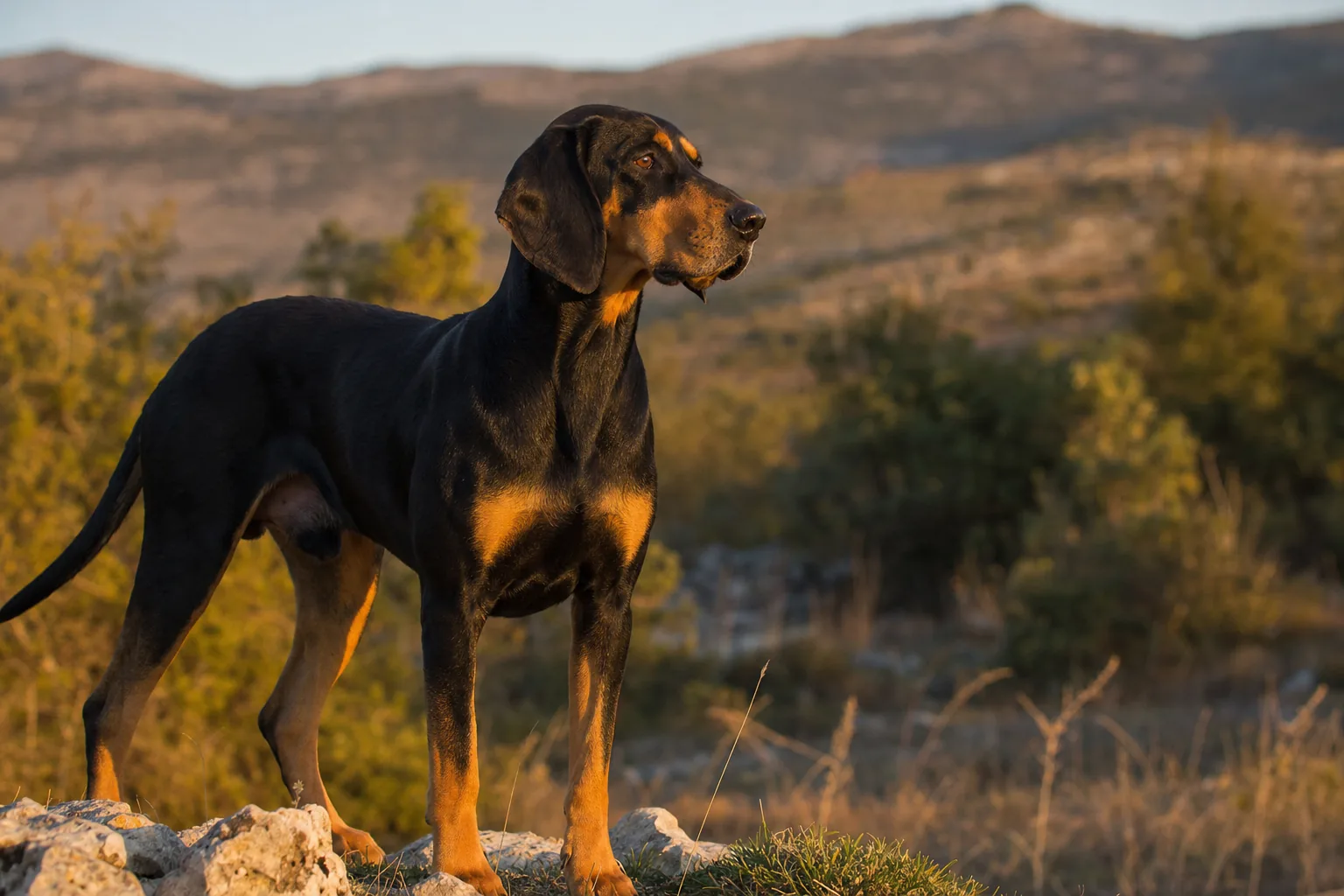 Chien Courant Hellénique (robe noir et feu (marques feu bien délimitées)) adulte en extérieur