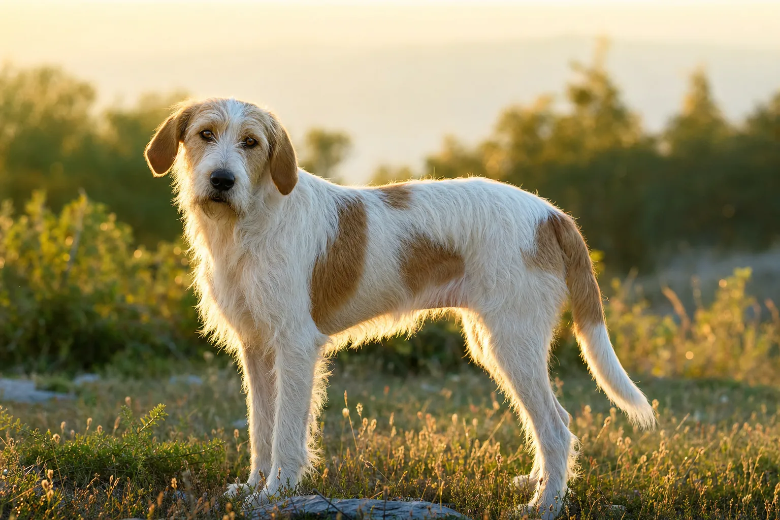Chien Courant de l'Istrie à Poil Dur (robe blanc de fond avec des marques orange sur les oreilles et par plaques) adulte en extérieur