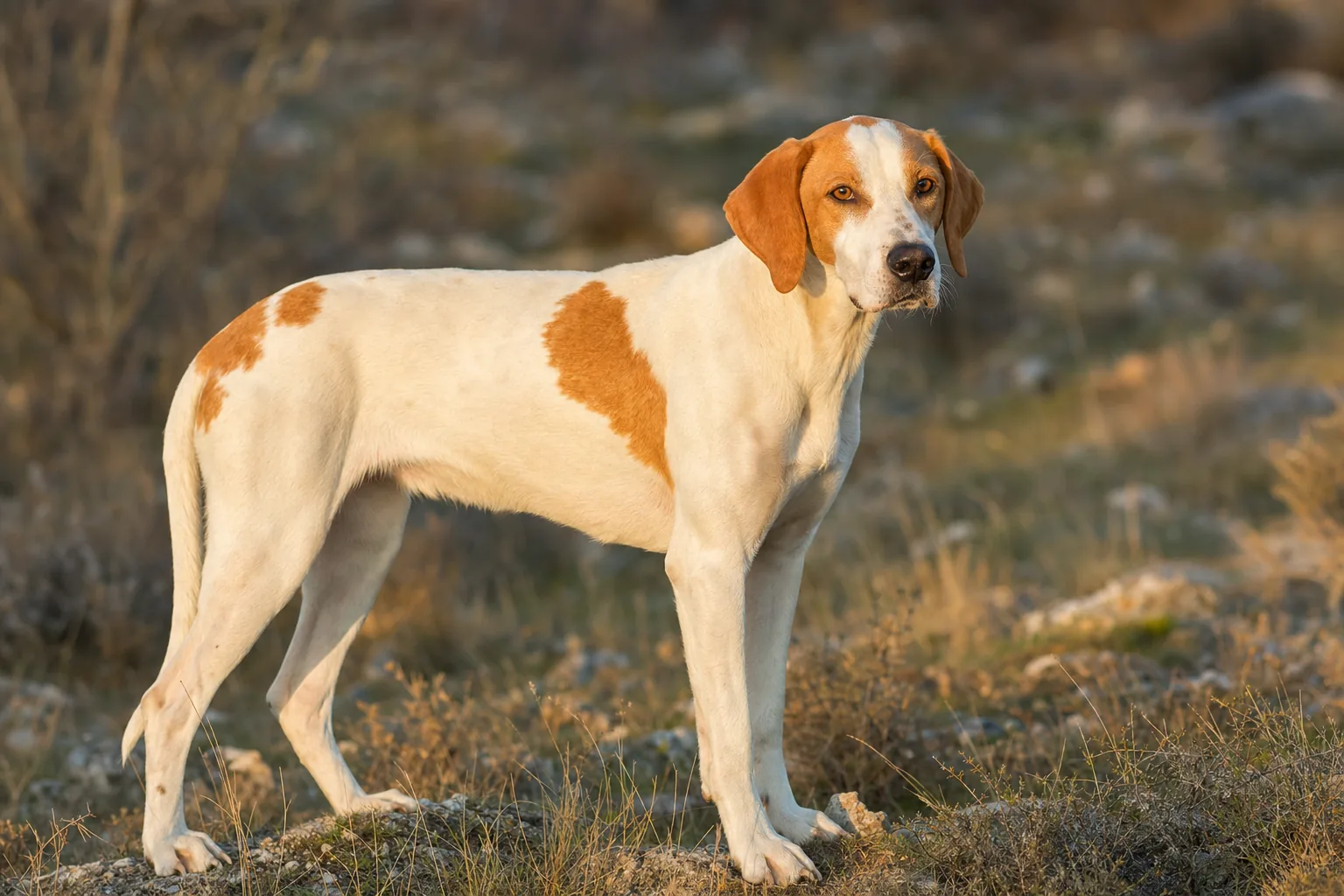 Chien Courant de l'Istrie à Poil Ras (robe blanc de fond avec des marques orange (parfois jaune-orangé) sur les oreilles et par plaques) adulte en extérieur
