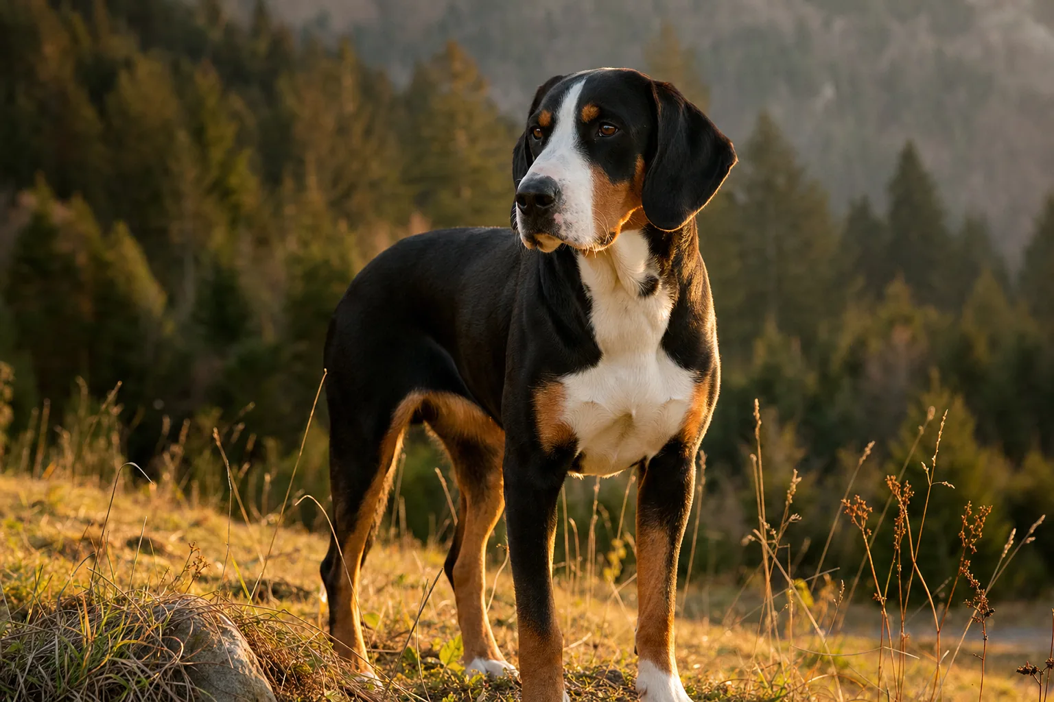 Chien Courant Suisse (robe Bernois : blanc à taches noires et marques feu (tricolore)) adulte en extérieur