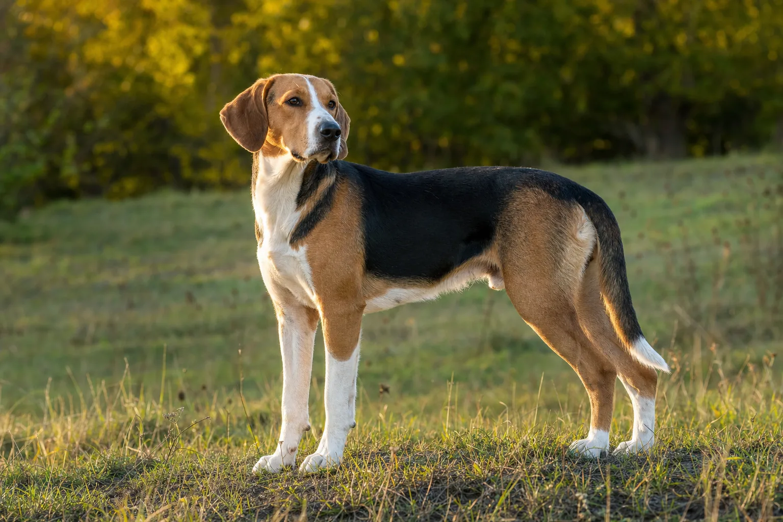 Chien Courant Tricolore Serbe (robe tricolore : fond fauve à roux, manteau noir sur le dos et marques blanches (poitrail, membres, liste, extrémité de la queue)) adulte en extérieur