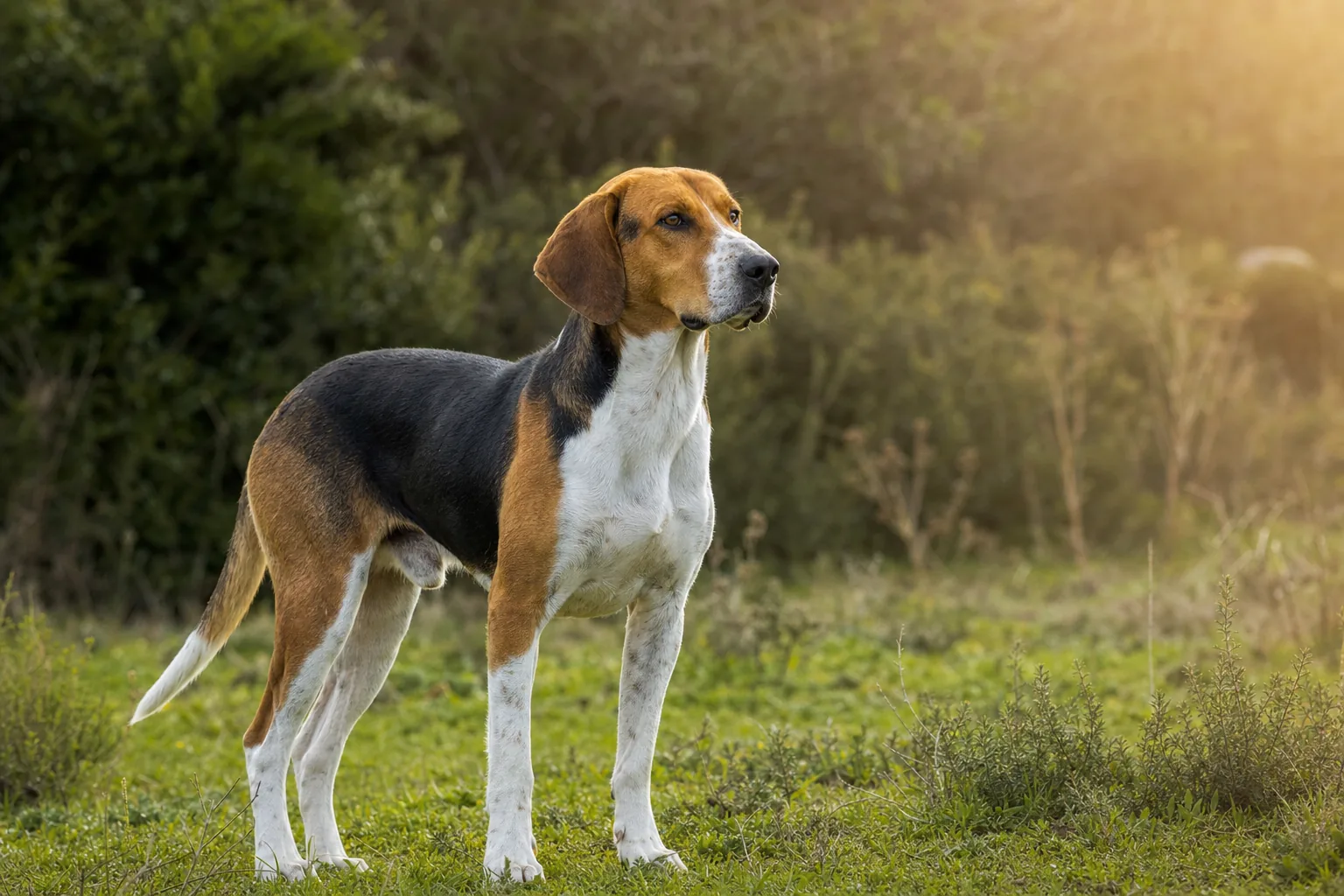Chien d'Artois (robe tricolore (fauve, manteau ou plages noires, blanc)) adulte en extérieur