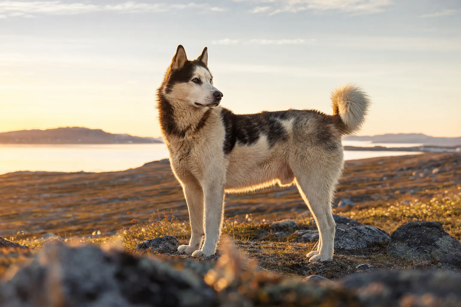 Chien du Groenland (robe toutes les couleurs unies ou panachées admises, sauf l'albinos) adulte en extérieur