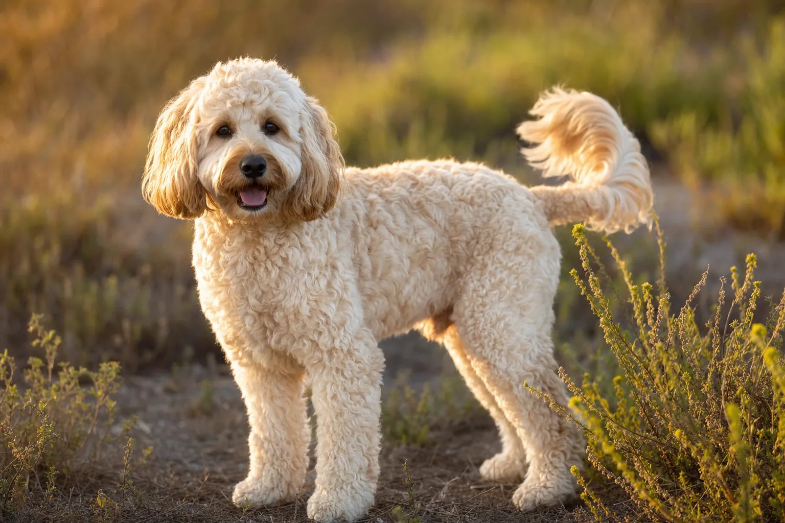 Cockapoo (robe crème) adulte en extérieur