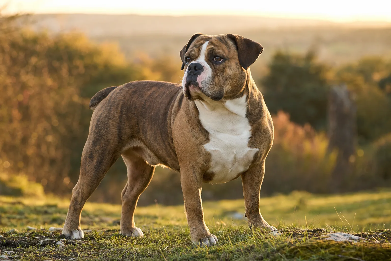 Continental Bulldog (robe toutes couleurs admises (fauve, rouge, bringé, blanc, panachures) sauf robe merle) adulte en extérieur