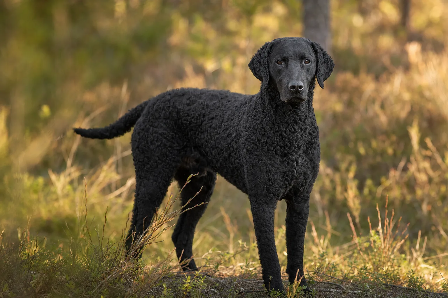 Curly Coated Retriever (robe noir) adulte en extérieur