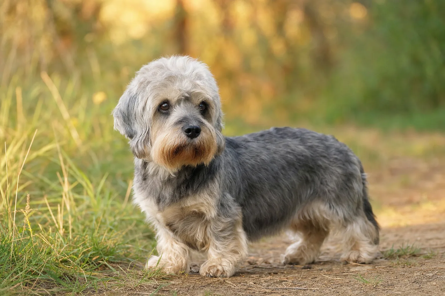 Dandie Dinmont Terrier (robe poivre (du bleu-noir au gris argenté)) adulte en extérieur