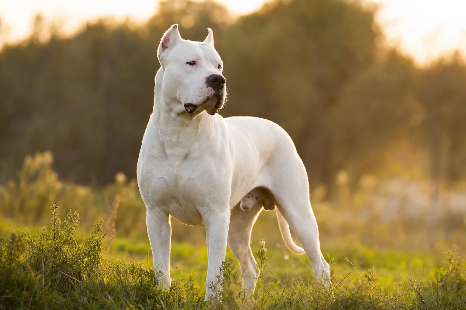Dogo Argentino (robe blanc uni (une seule tache foncée sur la tête tolérée)) adulte en extérieur