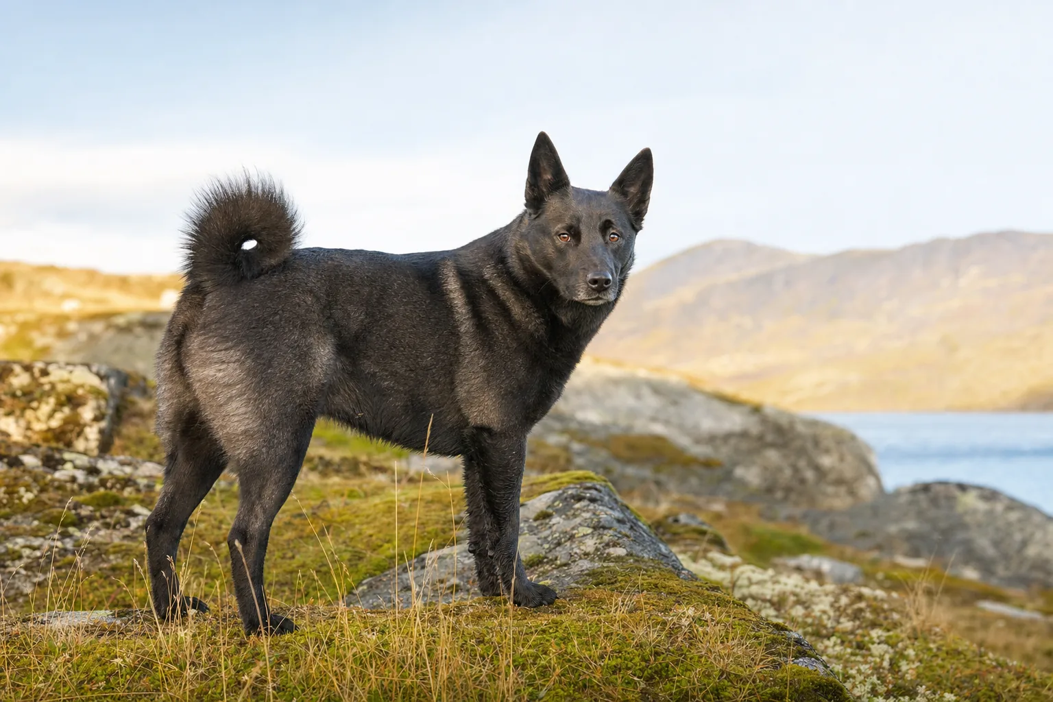 Chien d'Élan Norvégien Noir (robe noir uni brillant) adulte en extérieur