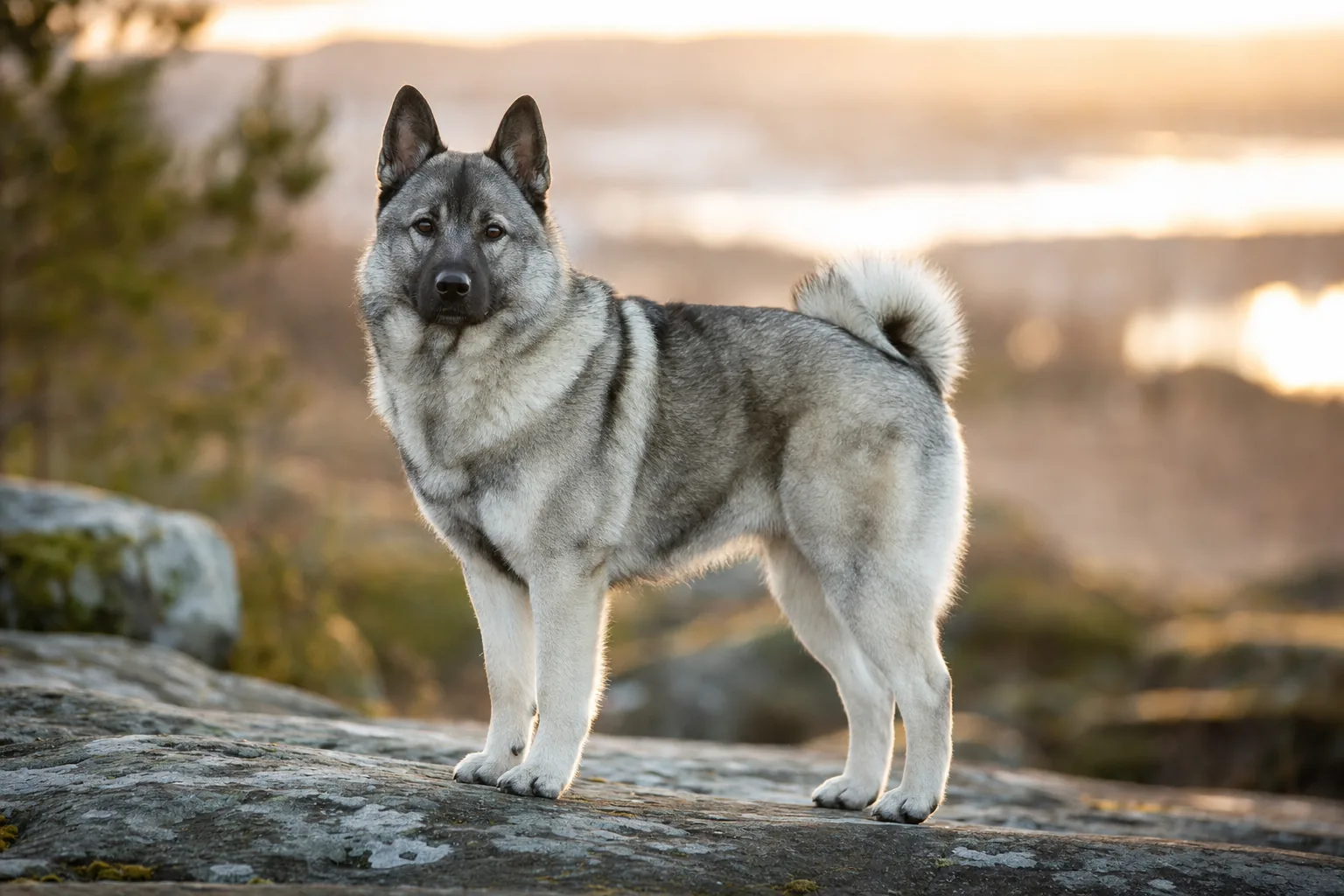 Chien d'Élan Norvégien Gris (robe gris (différentes nuances) avec extrémités noires) adulte en extérieur
