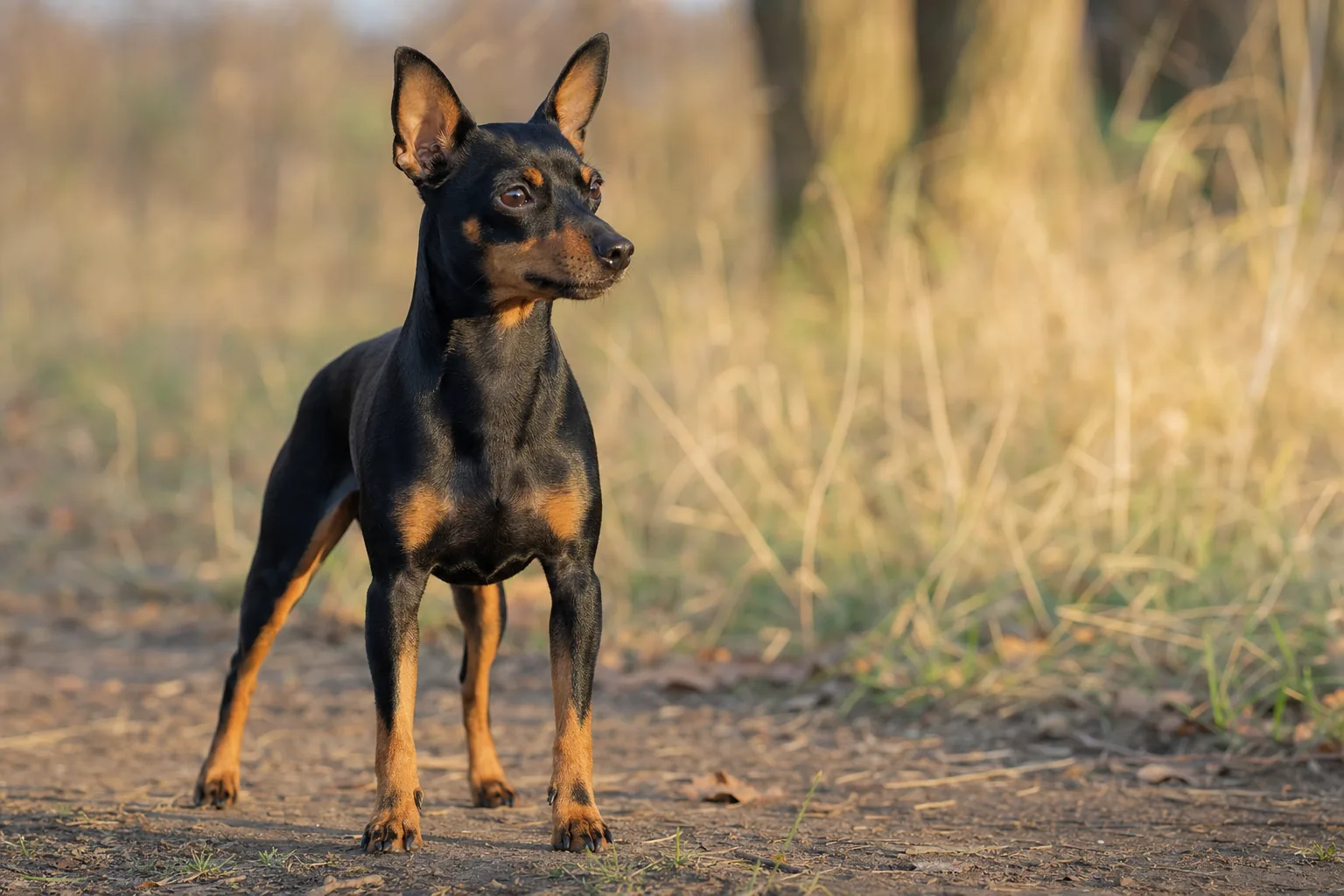 English Toy Terrier (robe noir et feu (noir de jais et acajou), marques feu nettement délimitées, marques dites « pouce » sur les antérieurs et crayonné aux doigts) adulte en extérieur