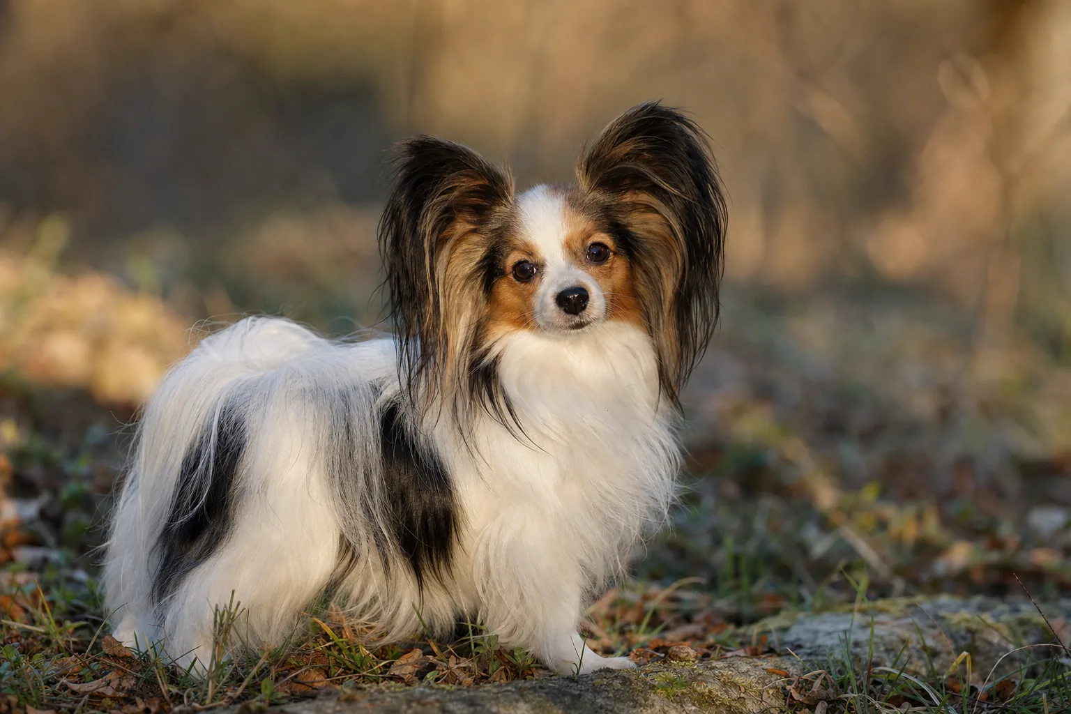Épagneul Nain Continental Papillon (robe fond blanc panaché de toutes couleurs) adulte en extérieur