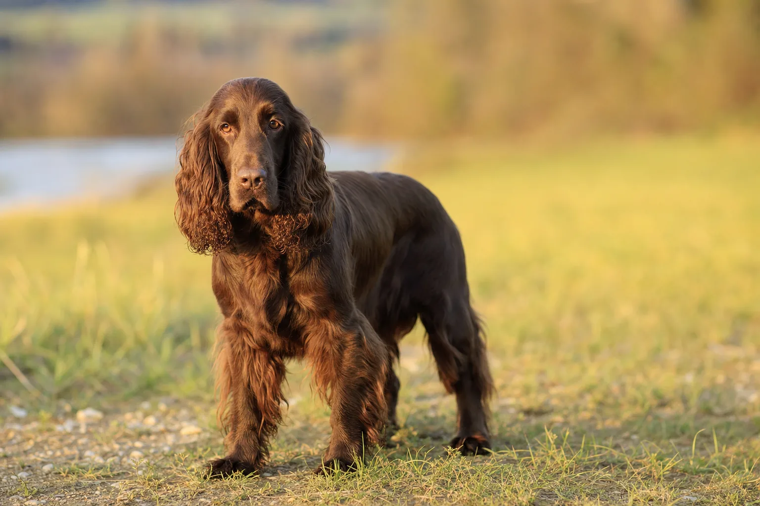 Field Spaniel (robe unicolore foie) adulte en extérieur