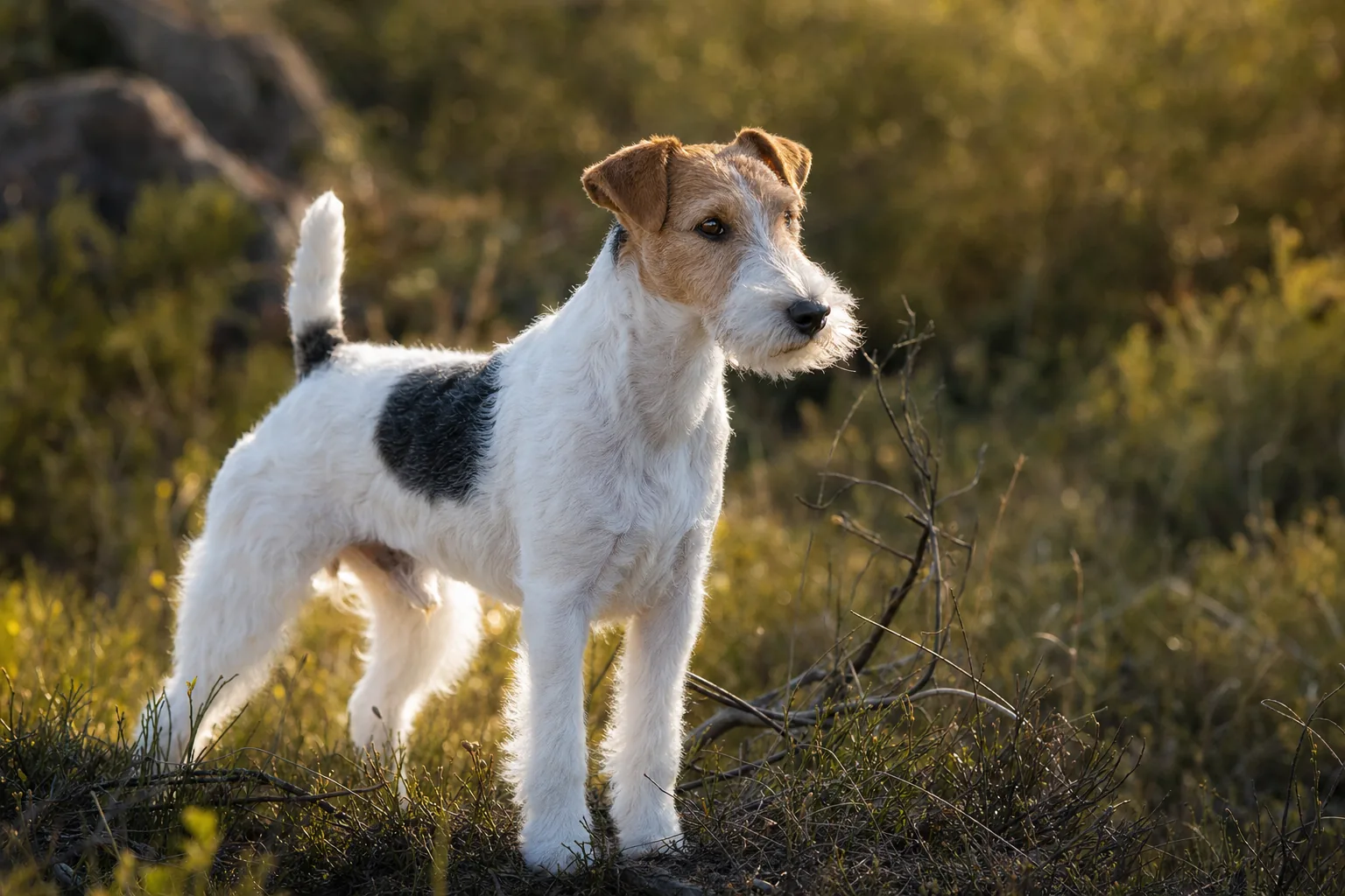 Fox Terrier à Poil Dur (robe blanc dominant avec marques noires et/ou feu) adulte en extérieur
