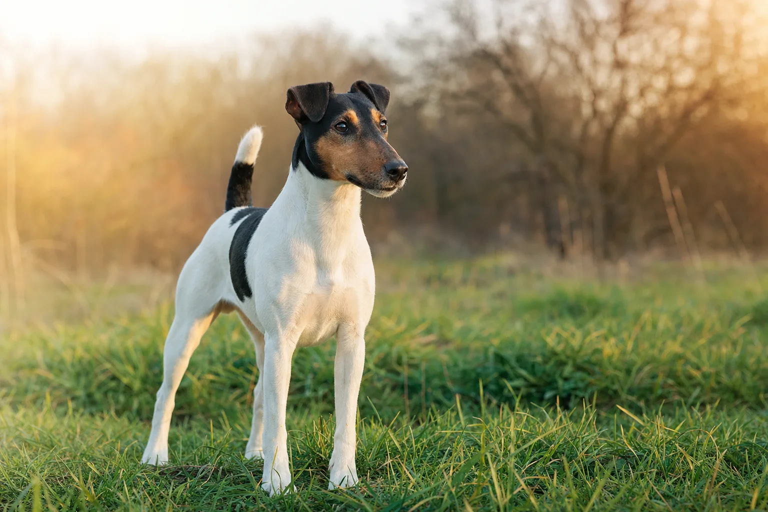 Fox Terrier à Poil Lisse (robe blanc dominant avec marques noires et/ou feu) adulte en extérieur