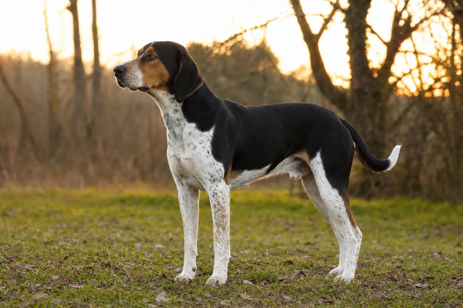 Foxhound Américain (robe tricolore (noir, blanc, feu)) adulte en extérieur