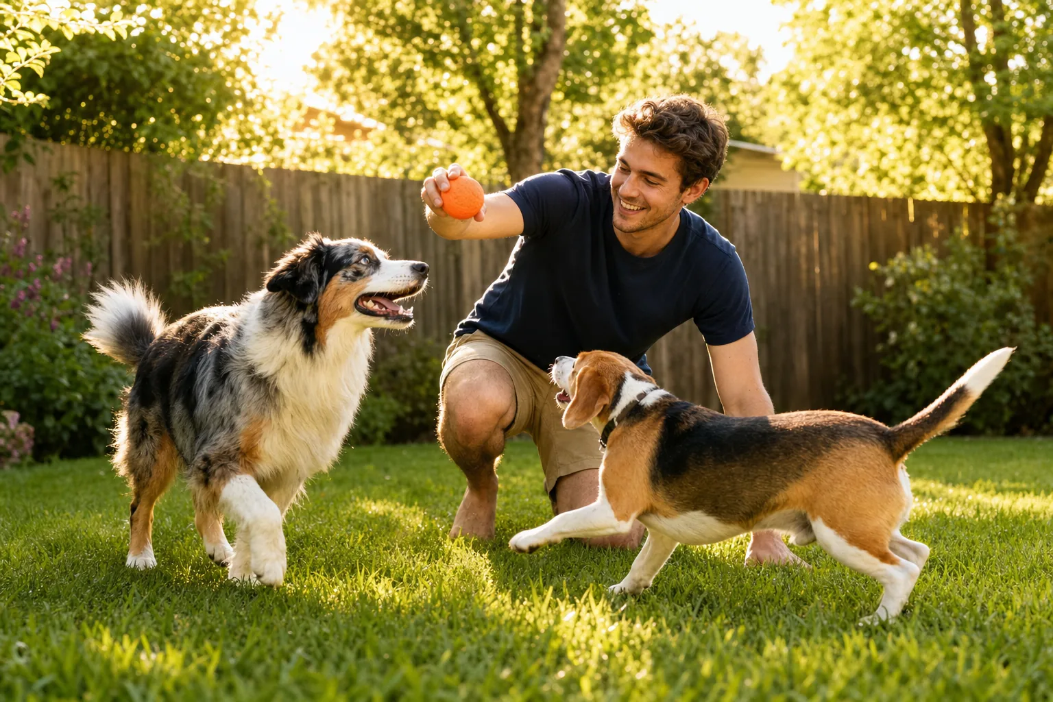 Un gardien joue à la balle avec un berger australien et un beagle dans un jardin clôturé