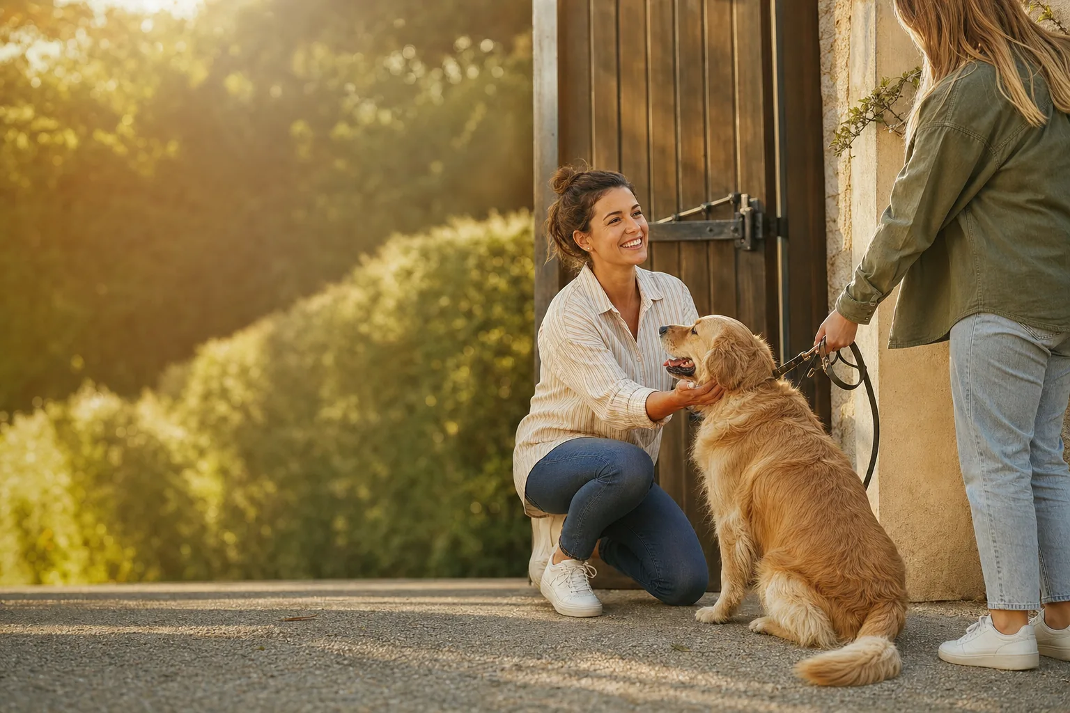 Devant le portail d'un jardin, une gardienne accueille un golden retriever que sa propriétaire lui confie