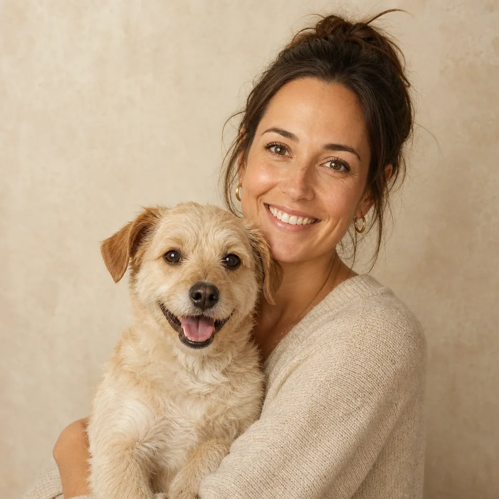 Portrait d'une gardienne souriante tenant un petit chien croisé beige