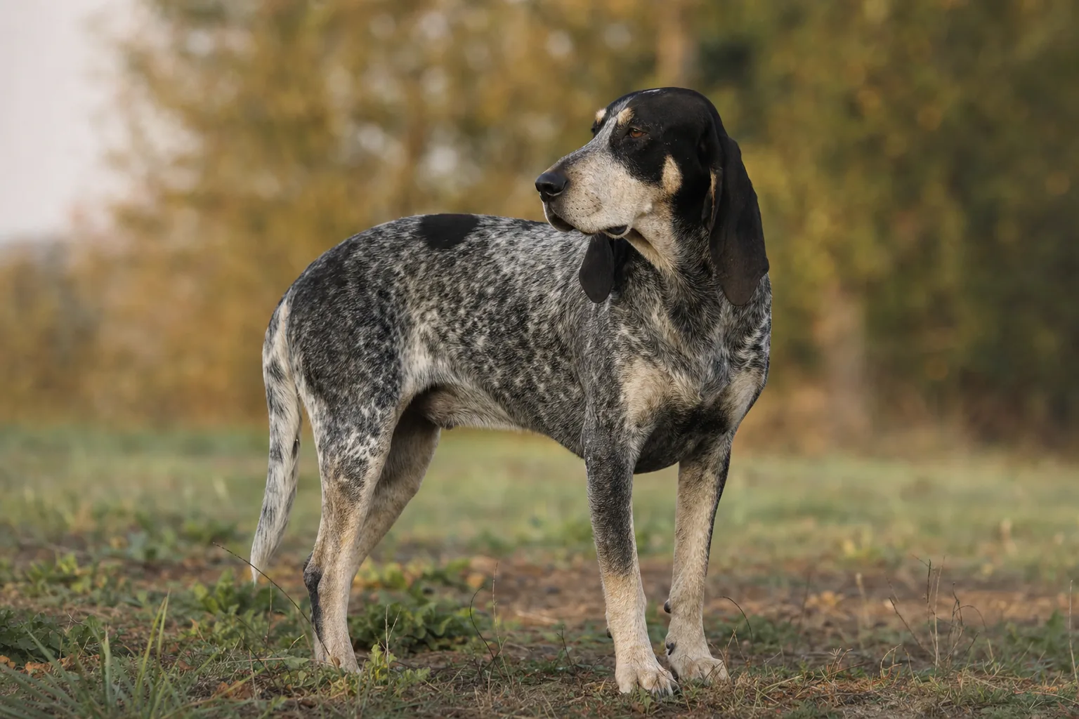 Griffon Bleu de Gascogne (robe fond blanc entièrement moucheté de noir donnant un reflet bleu ardoisé) adulte en extérieur