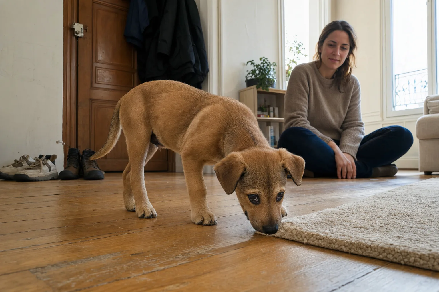 Chiot croisé fauve qui renifle le bord d’un tapis, sous le regard d’une femme assise au sol dans le séjour