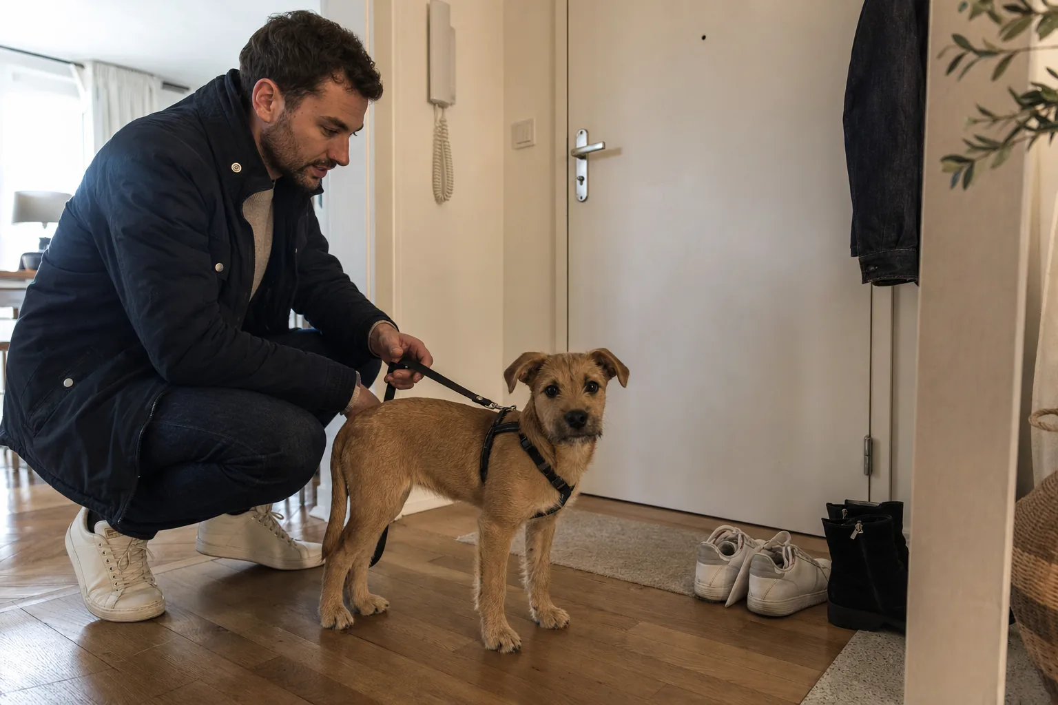 Chiot fauve portant un harnais, près de son maître accroupi dans l’entrée d’un appartement