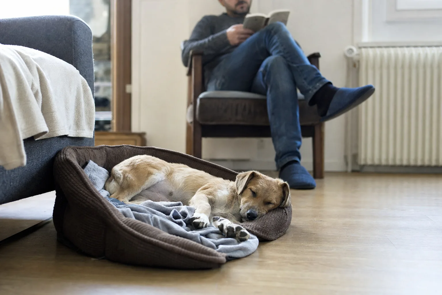 Chiot fauve endormi dans son panier près d’un fauteuil où un adulte lit