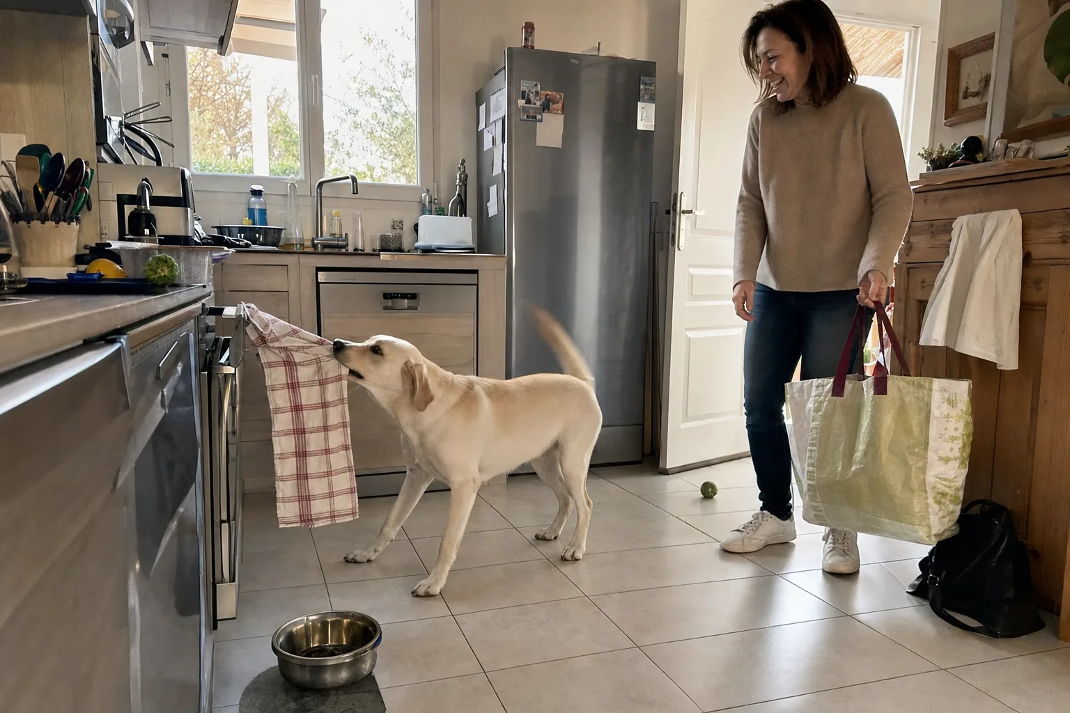 Dans la cuisine carrelée d’une maison, un jeune labrador sable, grand et élancé, tire un torchon à carreaux accroché à la porte du four sous le regard amusé d’une femme en pull qui rentre des courses, son sac à la main