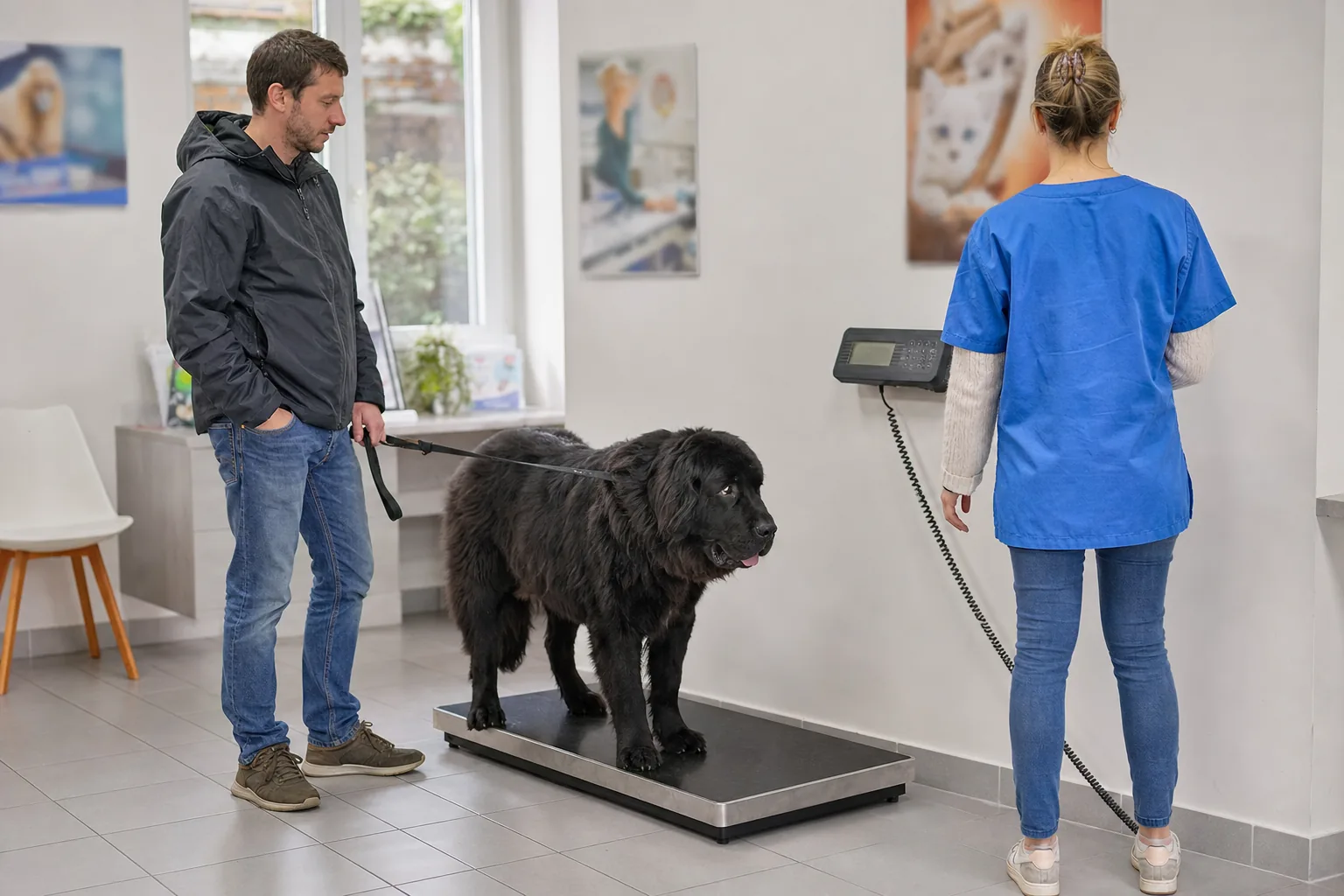 Dans une clinique vétérinaire de quartier, un jeune terre-neuve noir se tient sur la grande balance posée au sol, tenu en laisse par son maître resté à côté, pendant qu’une assistante en tunique bleue regarde l’écran de la balance