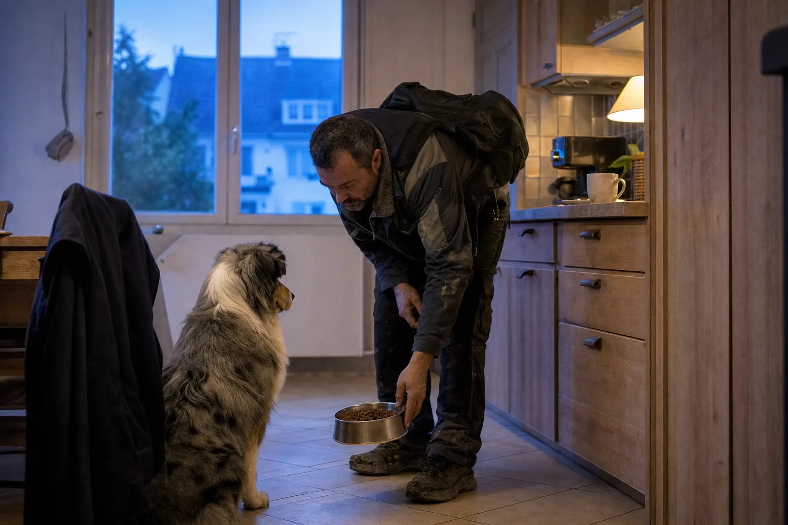 À l’aube, dans la cuisine d’une maison, un homme en veste de travail et sac à dos se penche pour poser une gamelle de croquettes devant un berger australien bleu merle assis qui attend