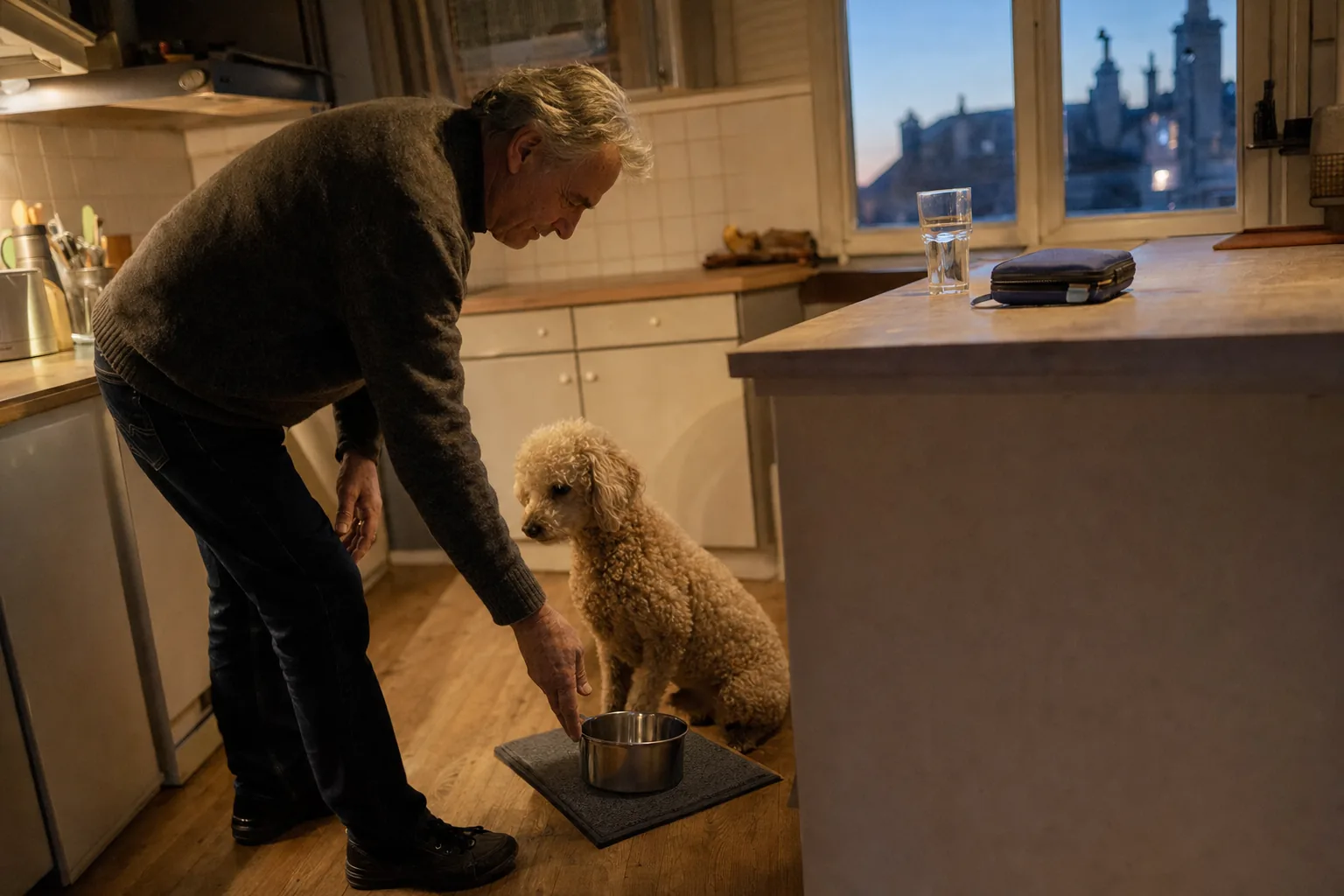 Le soir, dans la cuisine d’un appartement ancien, un homme aux cheveux gris pose une gamelle en inox sur un petit tapis devant un caniche abricot assis, une trousse fermée et un verre d’eau sur le plan de travail