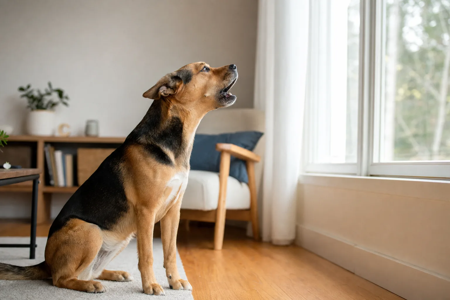 Chien aboyant vers la fenêtre dans un salon lumineux