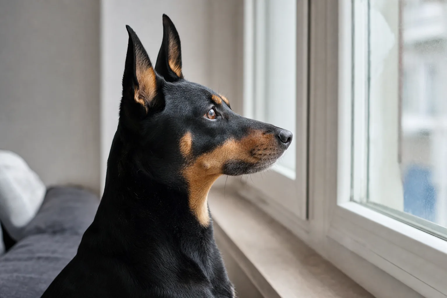 Chien alerte observant l'extérieur depuis une fenêtre
