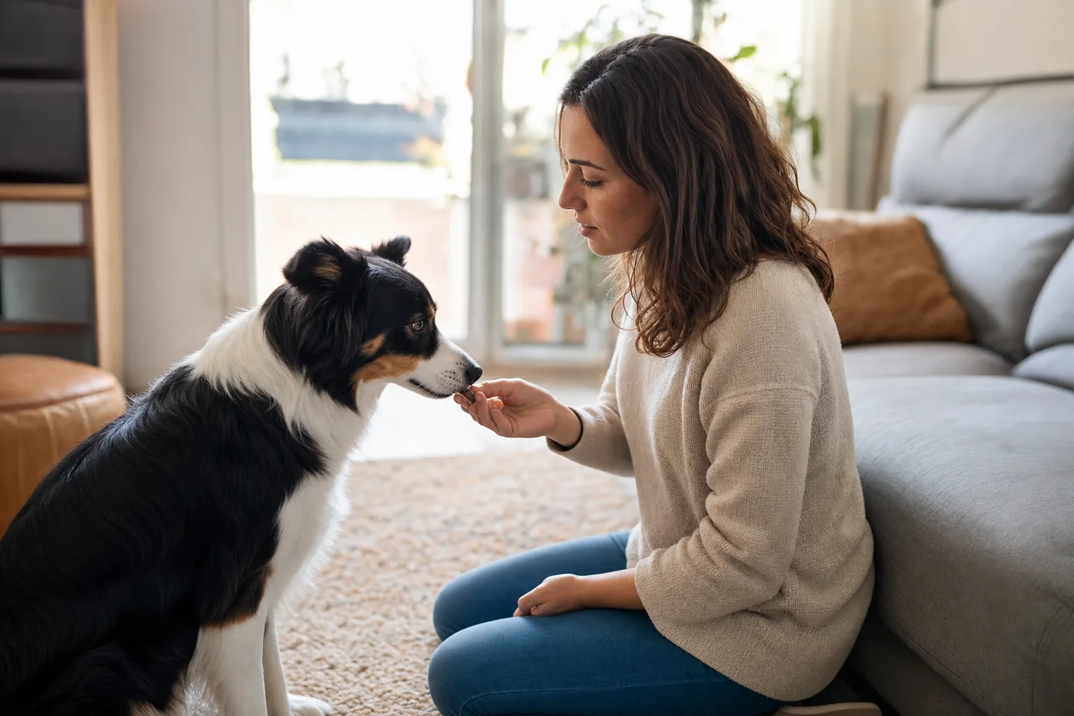 Personne récompensant son chien au calme avec une friandise