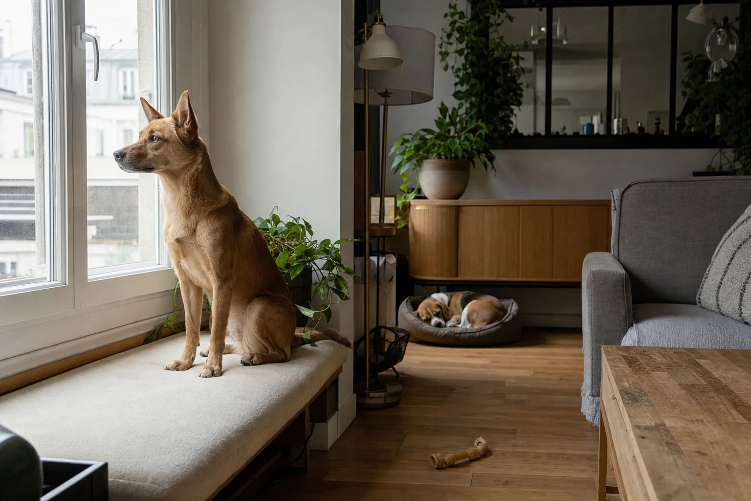 Dans le séjour d’un appartement parisien, un chien croisé fauve assis sur une banquette regarde par la fenêtre pendant qu’un beagle dort roulé en boule dans son panier au fond de la pièce