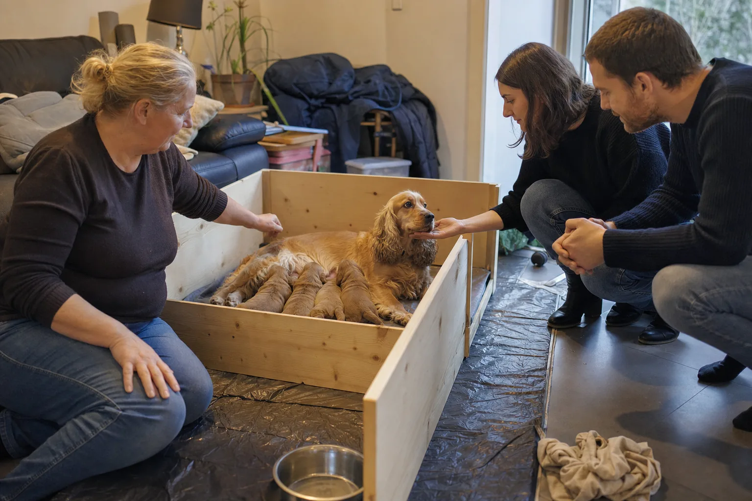 Dans un salon, une éleveuse assise au sol près d’un parc à chiots en bois où une chienne cocker fauve allaite cinq chiots, un couple accroupi tend la main vers elle