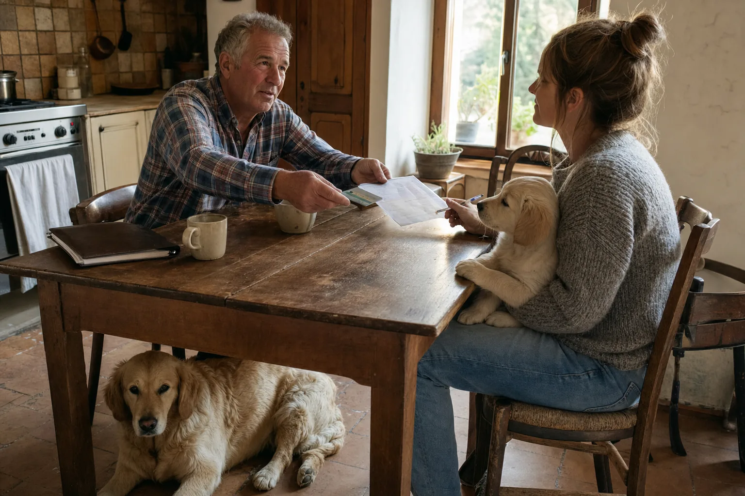 À une table de cuisine, un éleveur en chemise à carreaux tend une carte et une feuille à une jeune femme qui tient un chiot golden retriever sur ses genoux, une chienne golden couchée sous la table