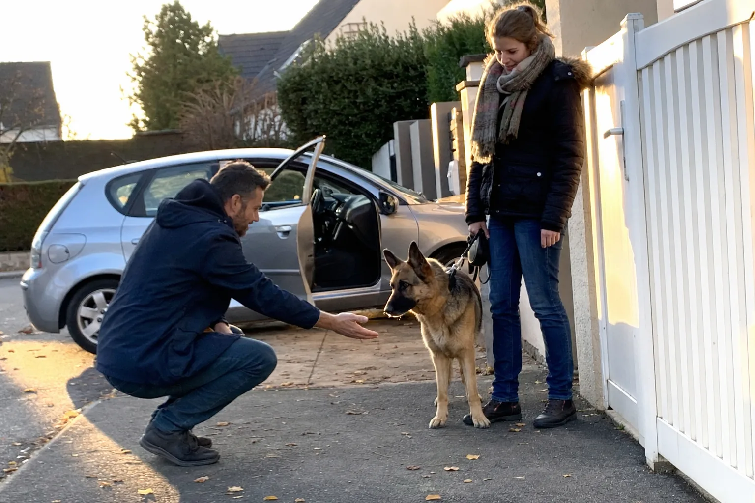 Sur le trottoir d’un lotissement en fin d’après-midi, un homme accroupi tend la main vers un berger allemand adulte tenu en laisse par une femme devant un portail blanc, une voiture grise garée derrière eux