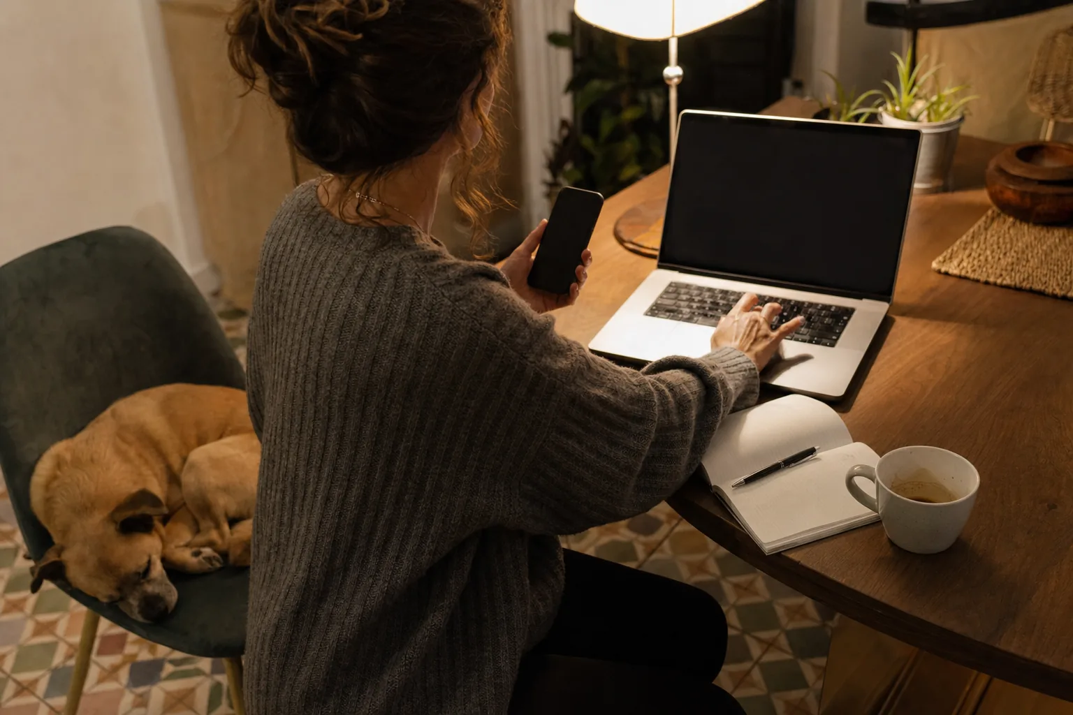 À une table de salle à manger le soir, une femme de dos tient son téléphone d’une main et tape sur un ordinateur portable de l’autre, un carnet et une tasse posés à côté, un petit chien fauve endormi sur la chaise voisine