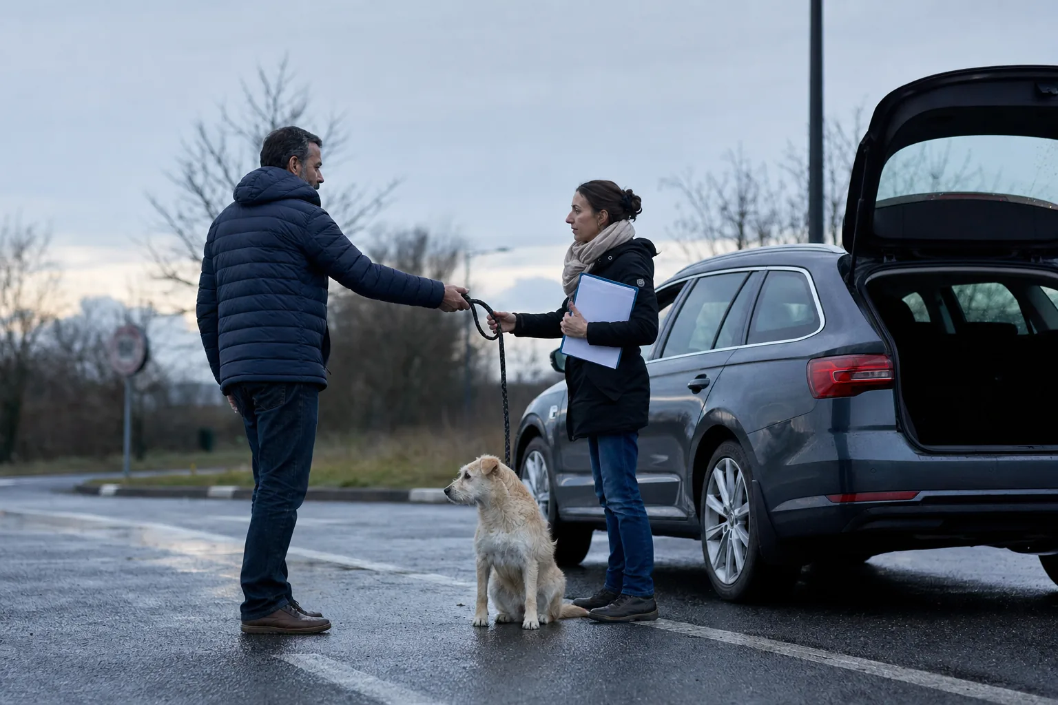 Sur un parking en bord de route par temps gris, un homme tend une laisse à une femme qui tient un dossier de papiers, un chien croisé au poil clair assis entre eux devant un break au coffre ouvert