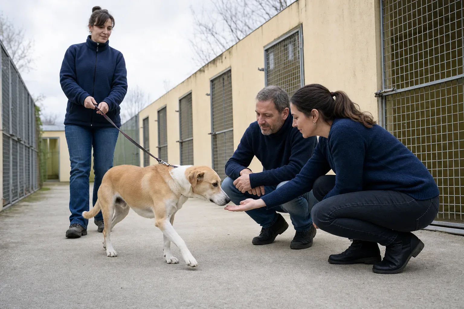 Dans l’allée d’un refuge, une bénévole tient en laisse un chien croisé beige et blanc qui vient sentir la main d’une femme accroupie à côté de son compagnon