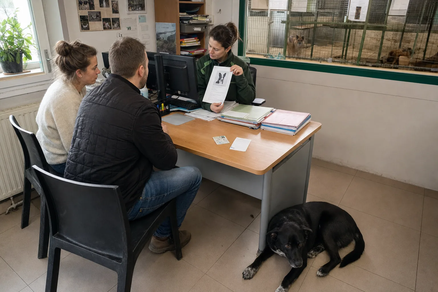 Dans le bureau d’accueil d’un refuge, une employée montre la fiche d’un chien à un couple assis face à elle, un chien noir couché à leurs pieds