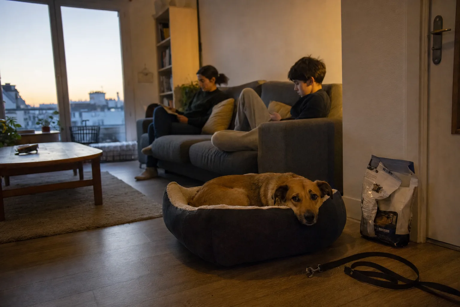 Premier soir à la maison : un chien croisé fauve couché dans un panier neuf regarde l’objectif, une femme et un adolescent lisent sur le canapé derrière lui