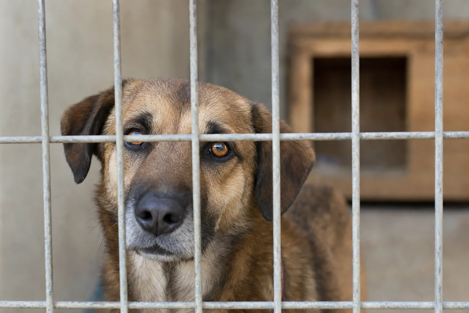 Chien adulte au regard doux derrière le grillage d'un refuge