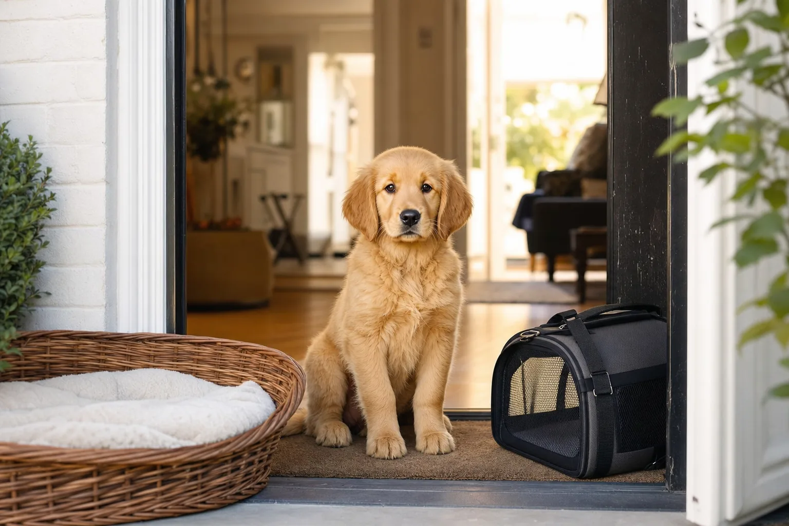 Chiot golden retriever assis sur le pas de la porte d'une maison lumineuse, à côté d'un panier neuf et d'une caisse de transport